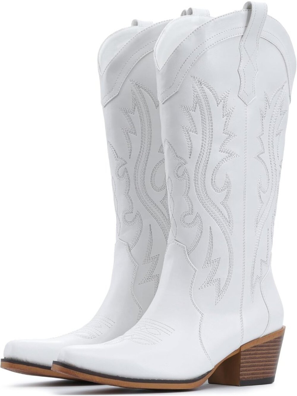 Women's White Western Cowgirl Boots with Chunky Block Heels Mid Calf Snip Toe